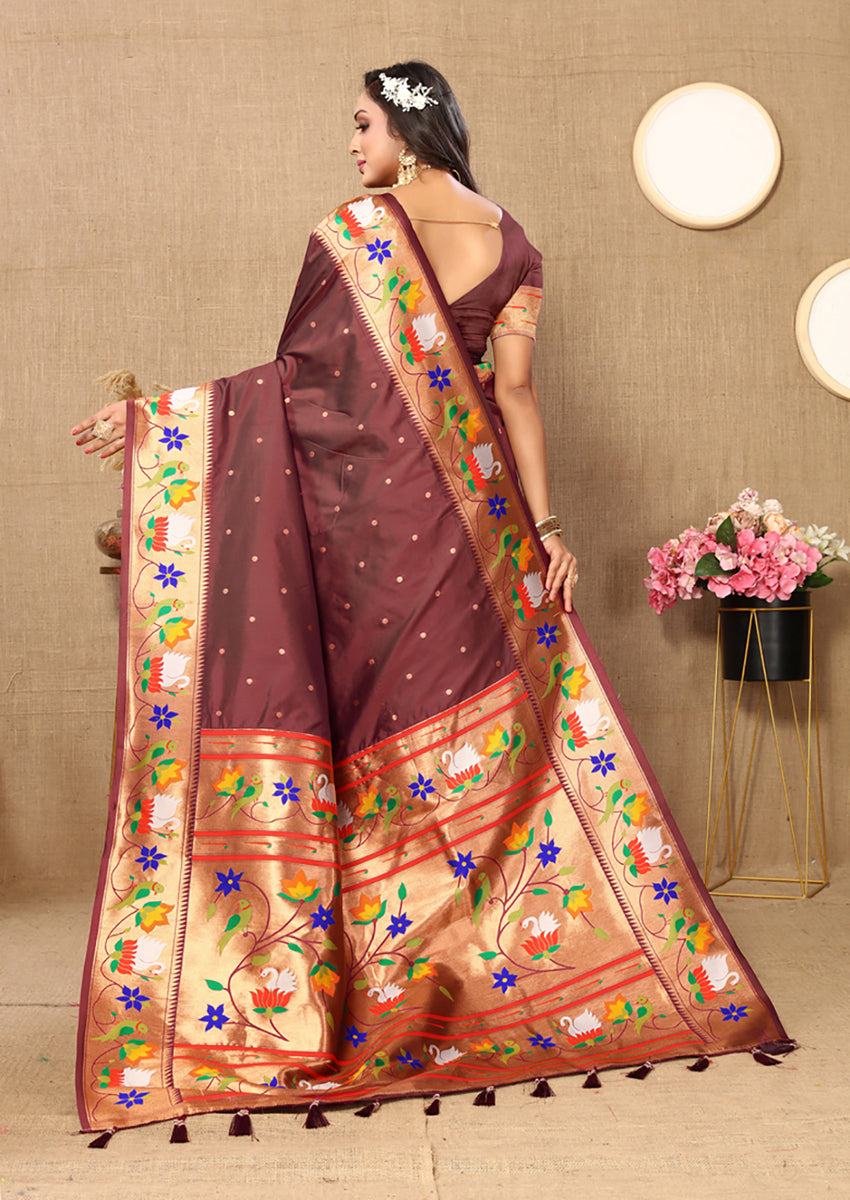 Lorenvalley Fashion Brown Soft Paithani Silk Woven Design Rich Zari Meenakari Weaving Saree - Distacart