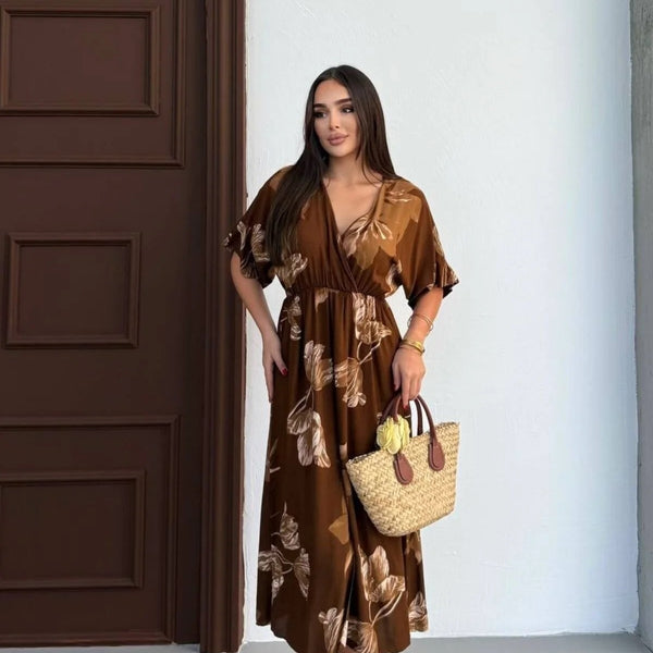 Pimu Front Slit Midi Dresses V-neck Designs For Women Party Wear - Brown