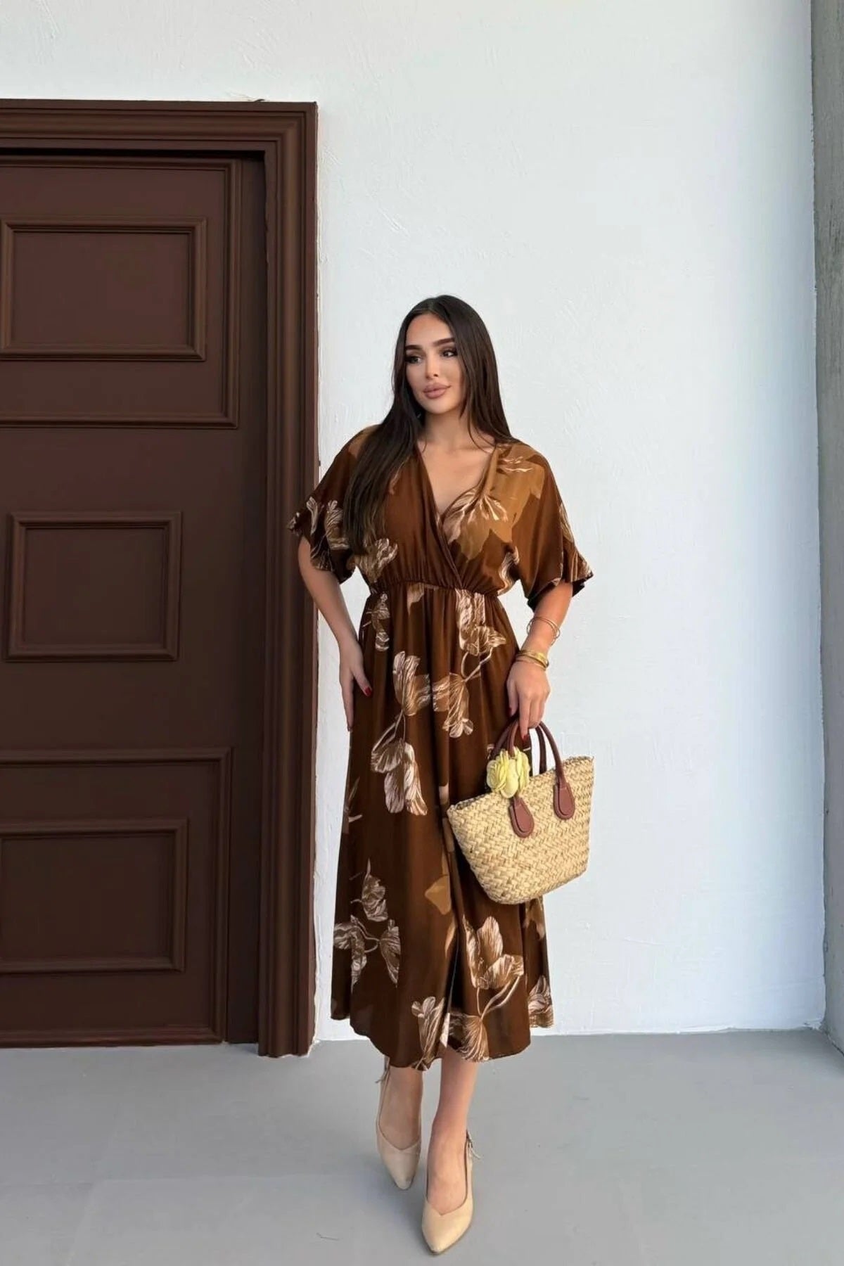 Pimu Front Slit Midi Dresses V-neck Designs For Women Party Wear - Brown - Distacart