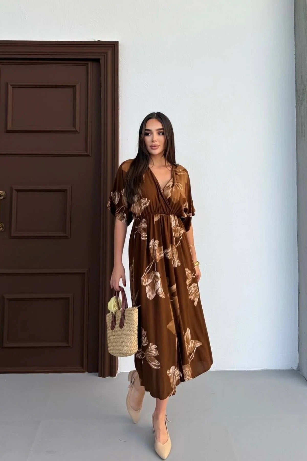 Pimu Front Slit Midi Dresses V-neck Designs For Women Party Wear - Brown