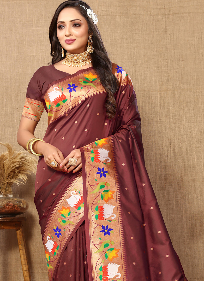 Lorenvalley Fashion Brown Soft Paithani Silk Woven Design Rich Zari Meenakari Weaving Saree - Distacart