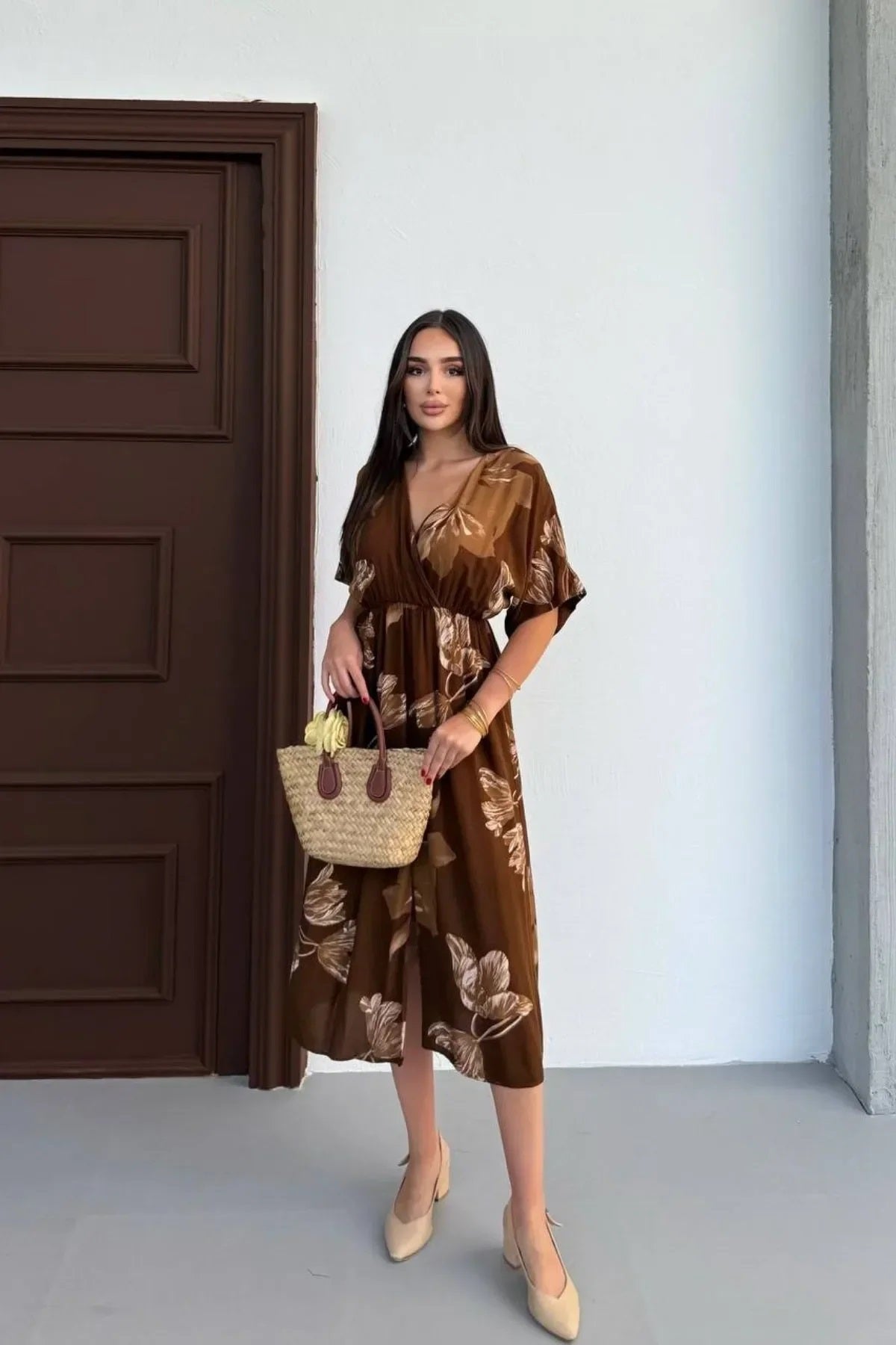 Pimu Front Slit Midi Dresses V-neck Designs For Women Party Wear - Brown