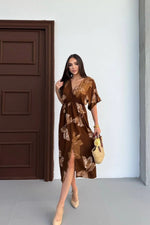 Thumbnail for Pimu Front Slit Midi Dresses V-neck Designs For Women Party Wear - Brown