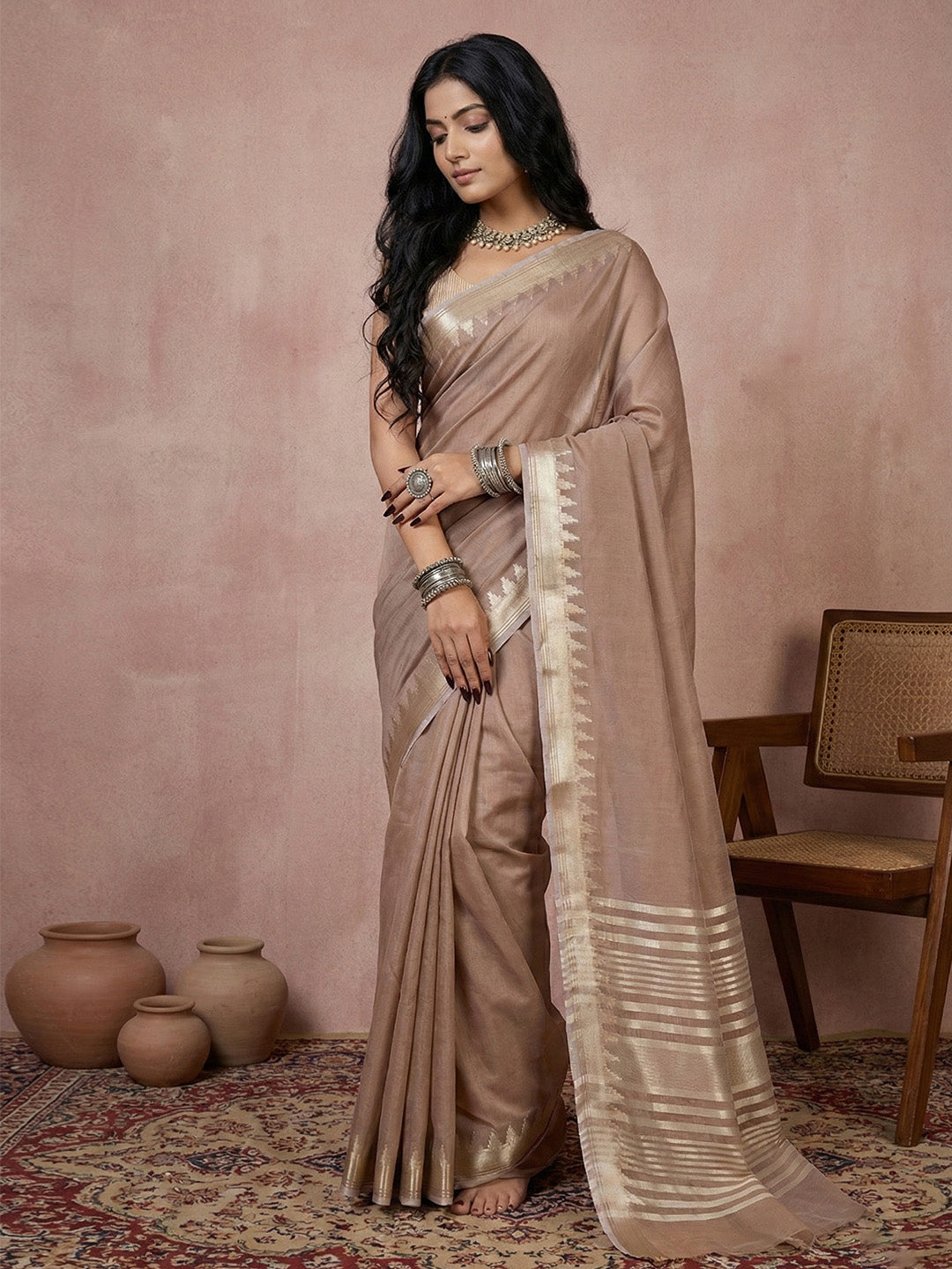 Anaita Brown Cotton Saree With Blouse - Distacart