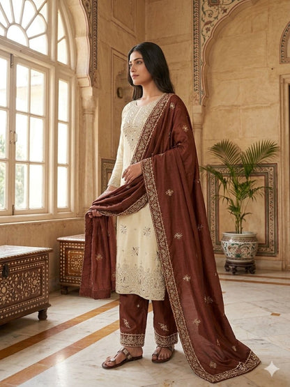 Anaita Brown Silk Readymade Suit with Embroidery & Sequence Work - Dista