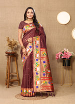 Thumbnail for Lorenvalley Fashion Brown Soft Paithani Silk Woven Design Rich Zari Meenakari Weaving Saree - Distacart