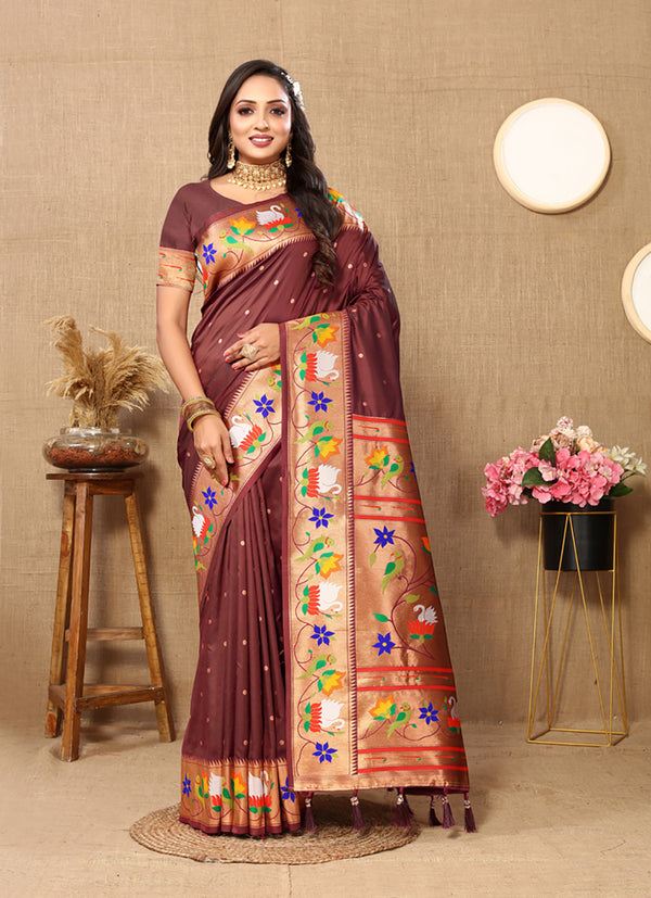 Lorenvalley Fashion Brown Soft Paithani Silk Woven Design Rich Zari Meenakari Weaving Saree - Distacart