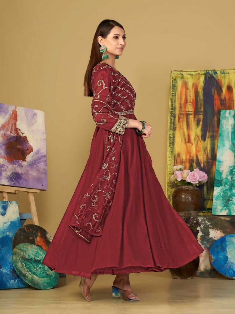 Jyoti Fashion Women's Maroon Georgette Embroidered Anarkali Kurta Pant Set With Dupatta - Distacart