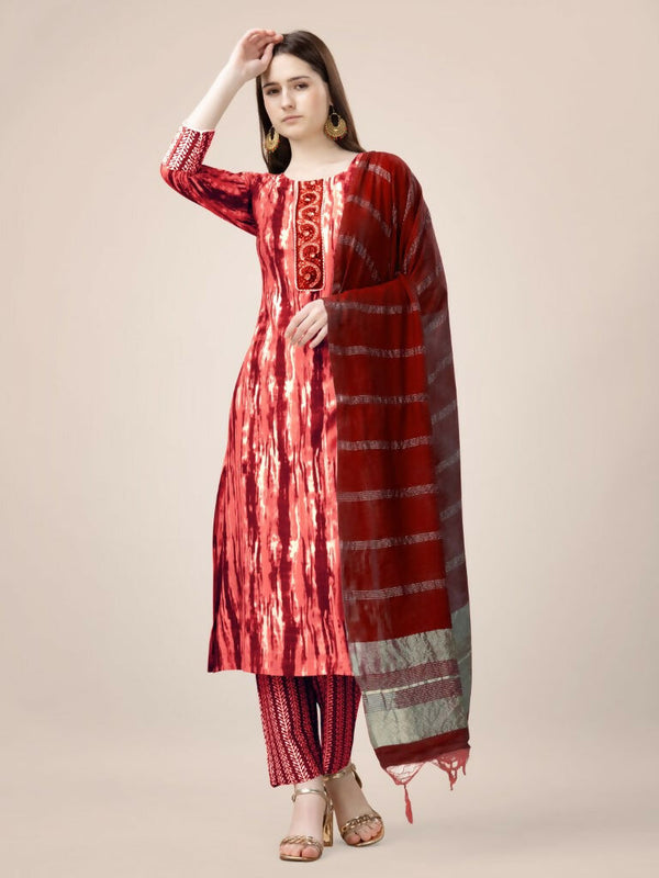 Jyoti Fashion Women's Orange Rayon Print with Embroidery & Fancy Lace Work Kurta with Trouser & Dupatta - Distacart