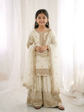 Teeya Creation New Trendy Fully Stitched Ready to Wear Kids Kurta Palazzo Set-White - Dista