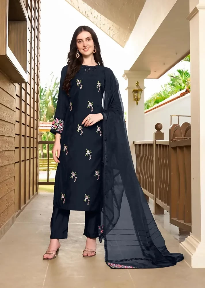 Nikhaar Navy Blue Embroidered Art Silk Straight Cut Readymade Pakistani Suit