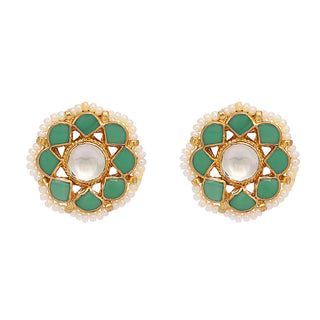 Nuyug 22K Gold-Plated Green Kundan Studded & Pearls Beaded Floral Shaped Studs