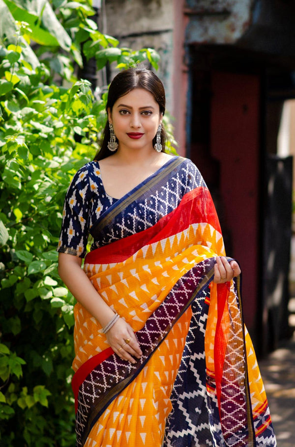 Yellow Polycotton Ethnic Motifs Saree with Unstitched Blouse - A2M
