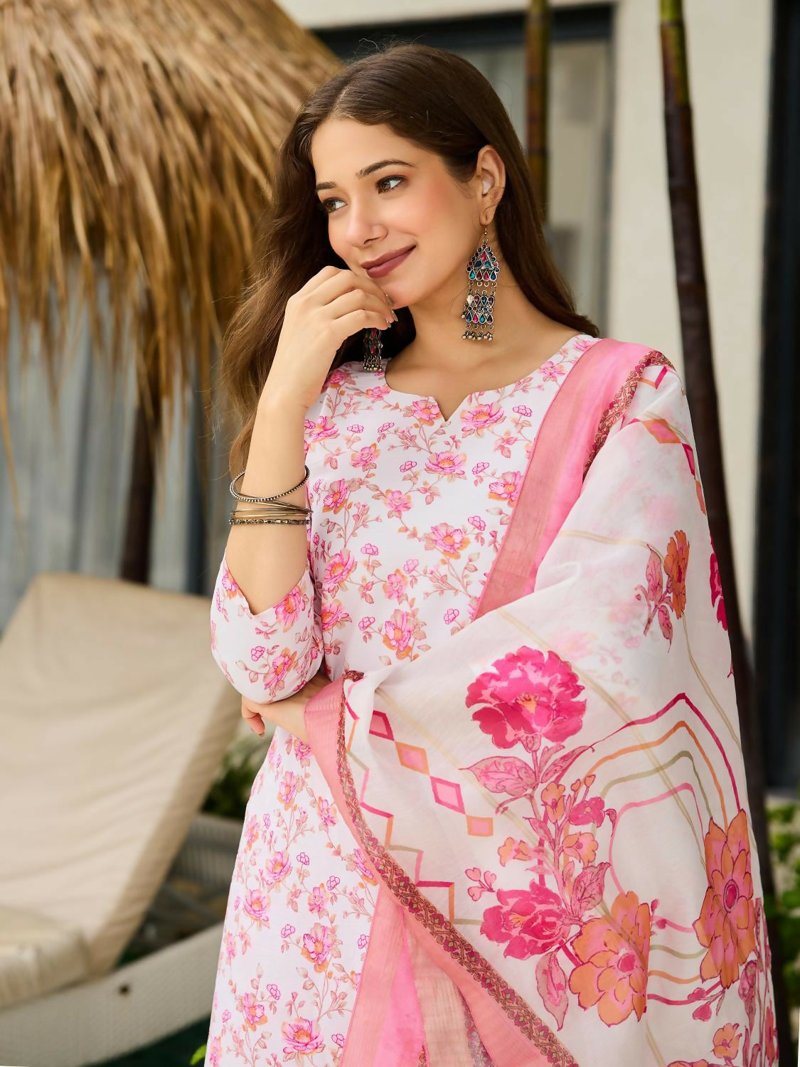 The52 Pink Women's Beautiful Printed Silk Blend Fabric with Straight Kurta, Pant and Dupatta Set - Distacart
