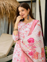 Thumbnail for The52 Pink Women's Beautiful Printed Silk Blend Fabric with Straight Kurta, Pant and Dupatta Set - Distacart