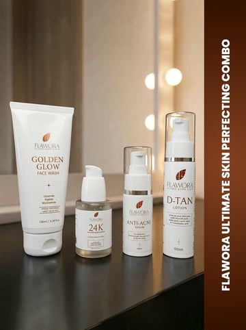 Flawora Set of Golden Glow Face Wash, Anti Acne Serum, 24k Golden Glow Face Serum and D-Tan Lotion - Dista