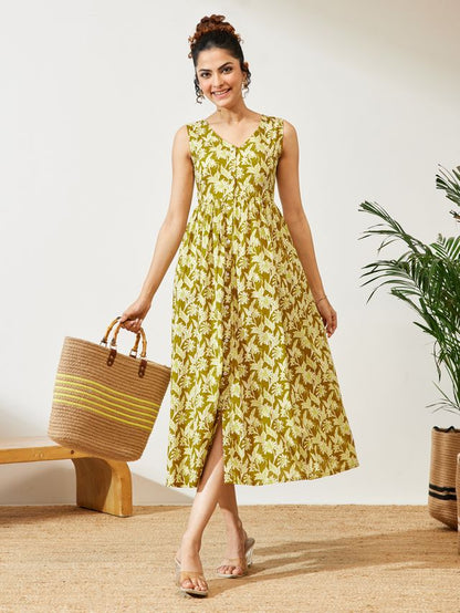 Janasya Olive A-Line Cotton Dress - Dista