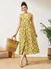 Janasya Olive A-Line Cotton Dress - Dista