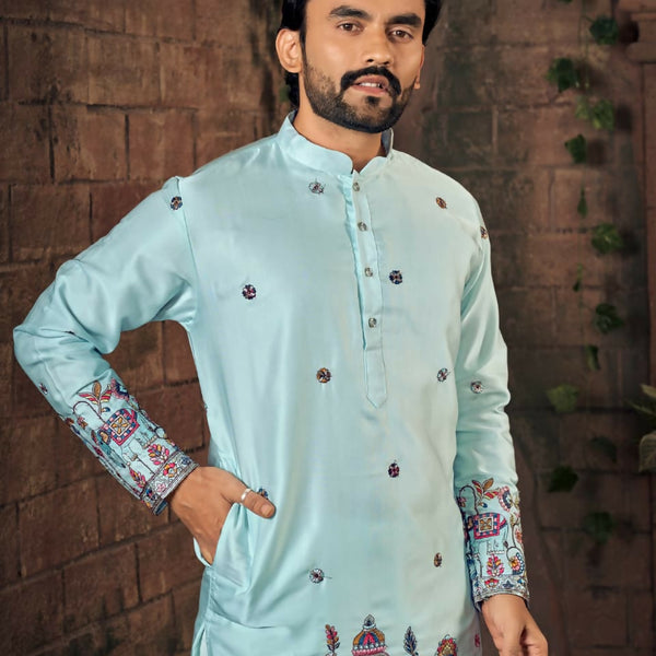Anaita Blue Multi Thread Work Silk Straight Kurta - Distacart