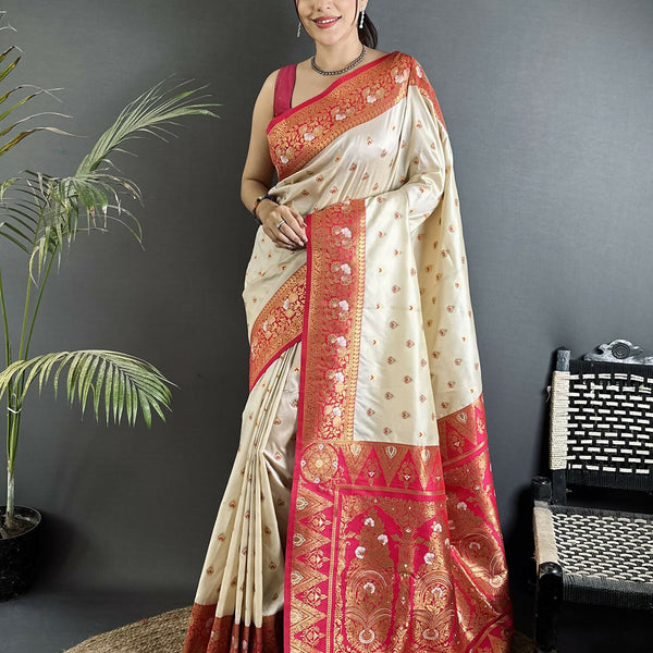Joban Fashion Off White Intricate Motifs Soft Silk Banarasi Saree - Dista