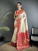 Thumbnail for Joban Fashion Off White Intricate Motifs Soft Silk Banarasi Saree - Dista
