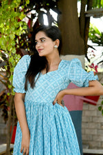 Thumbnail for Jyoti Fashion Women's Sky Blue Bandhej Print with Crush Pleating Muslin Anarkali Dress - Distacart