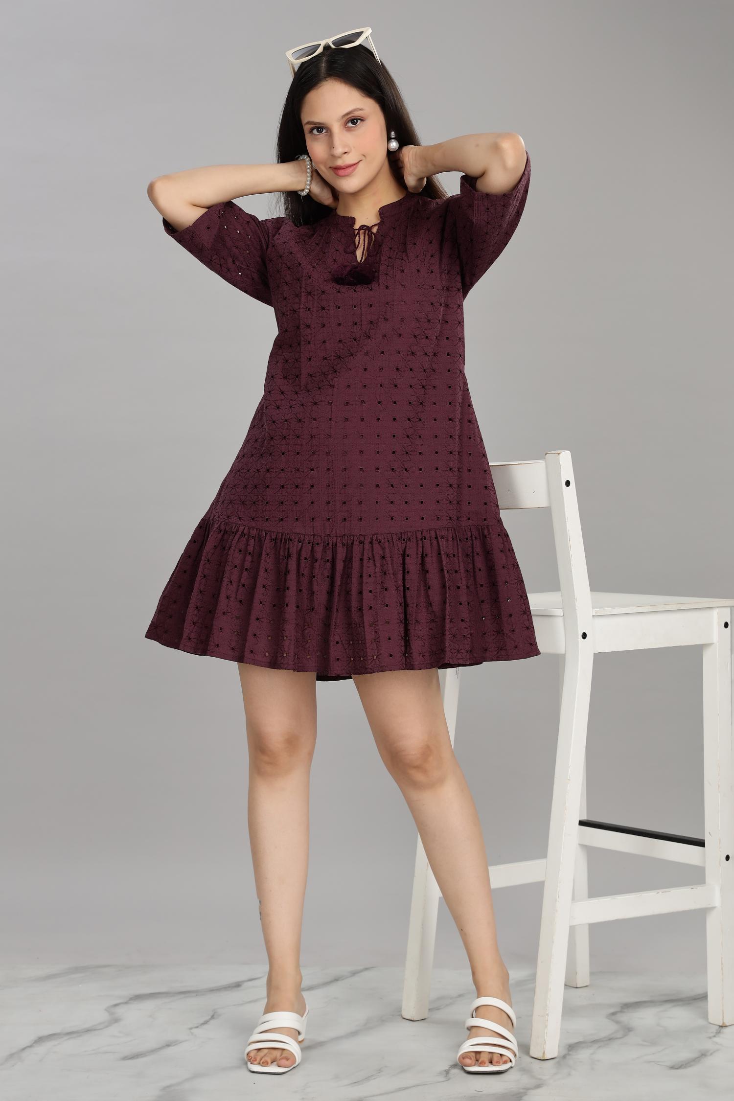 BulBul Women Wine Cotton Schiffli Short Dress