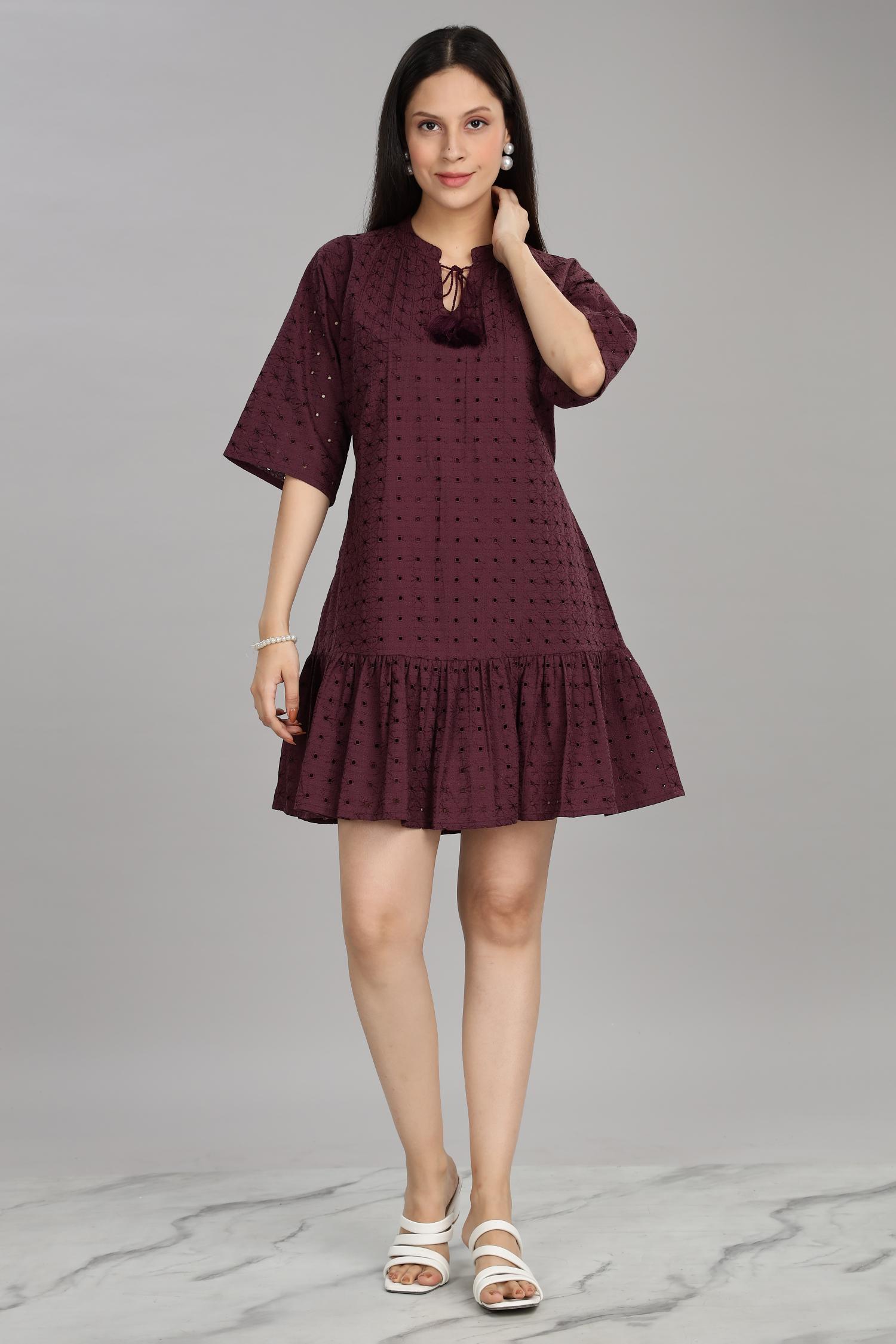 BulBul Women Wine Cotton Schiffli Short Dress