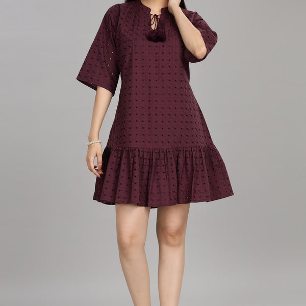 BulBul Women Wine Cotton Schiffli Short Dress
