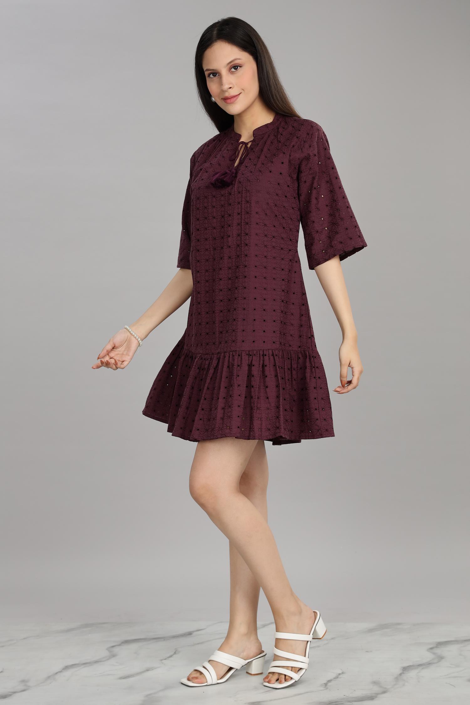 BulBul Women Wine Cotton Schiffli Short Dress