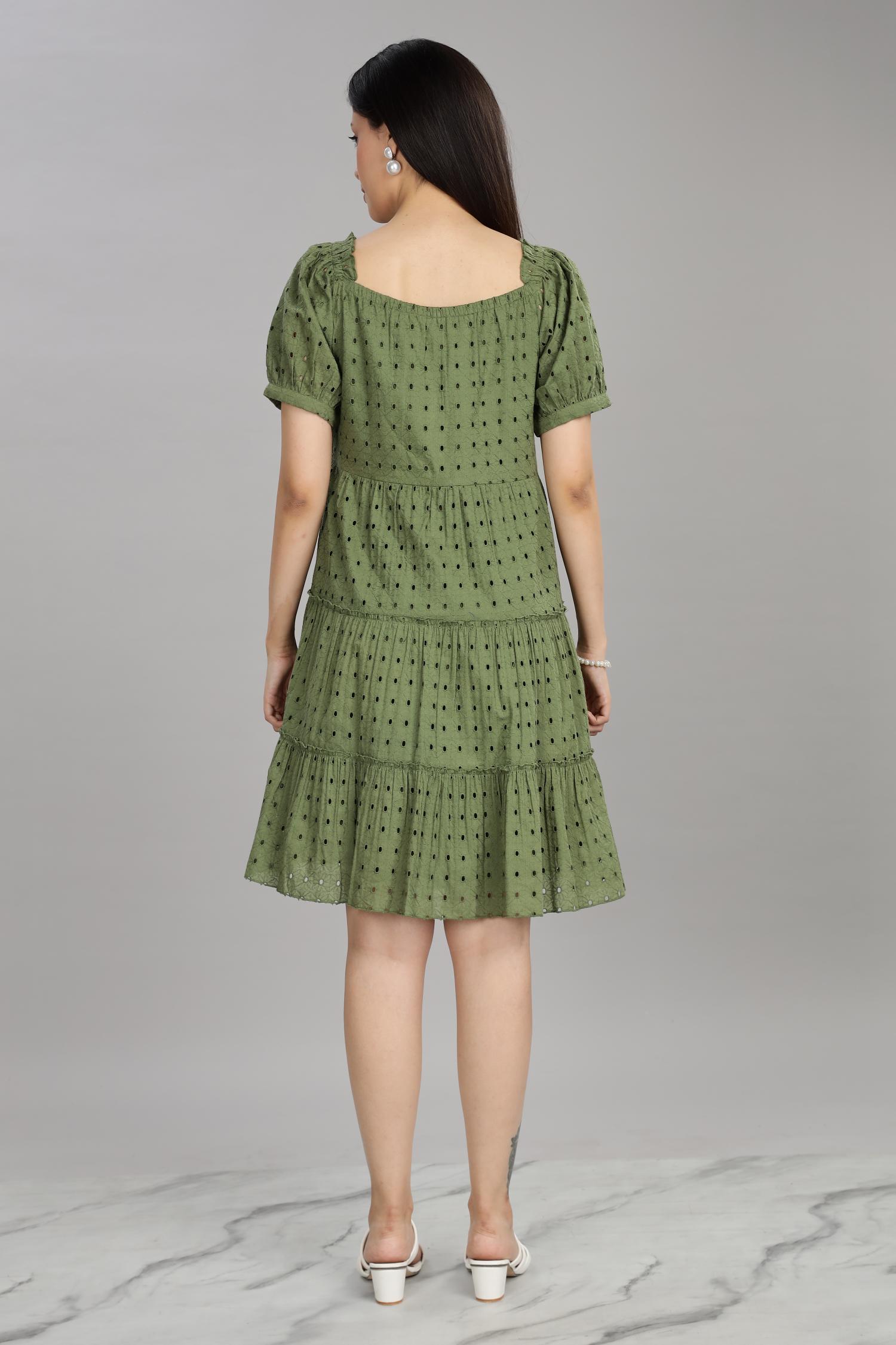 BulBul Women Green Cotton Schiffli Short Dress