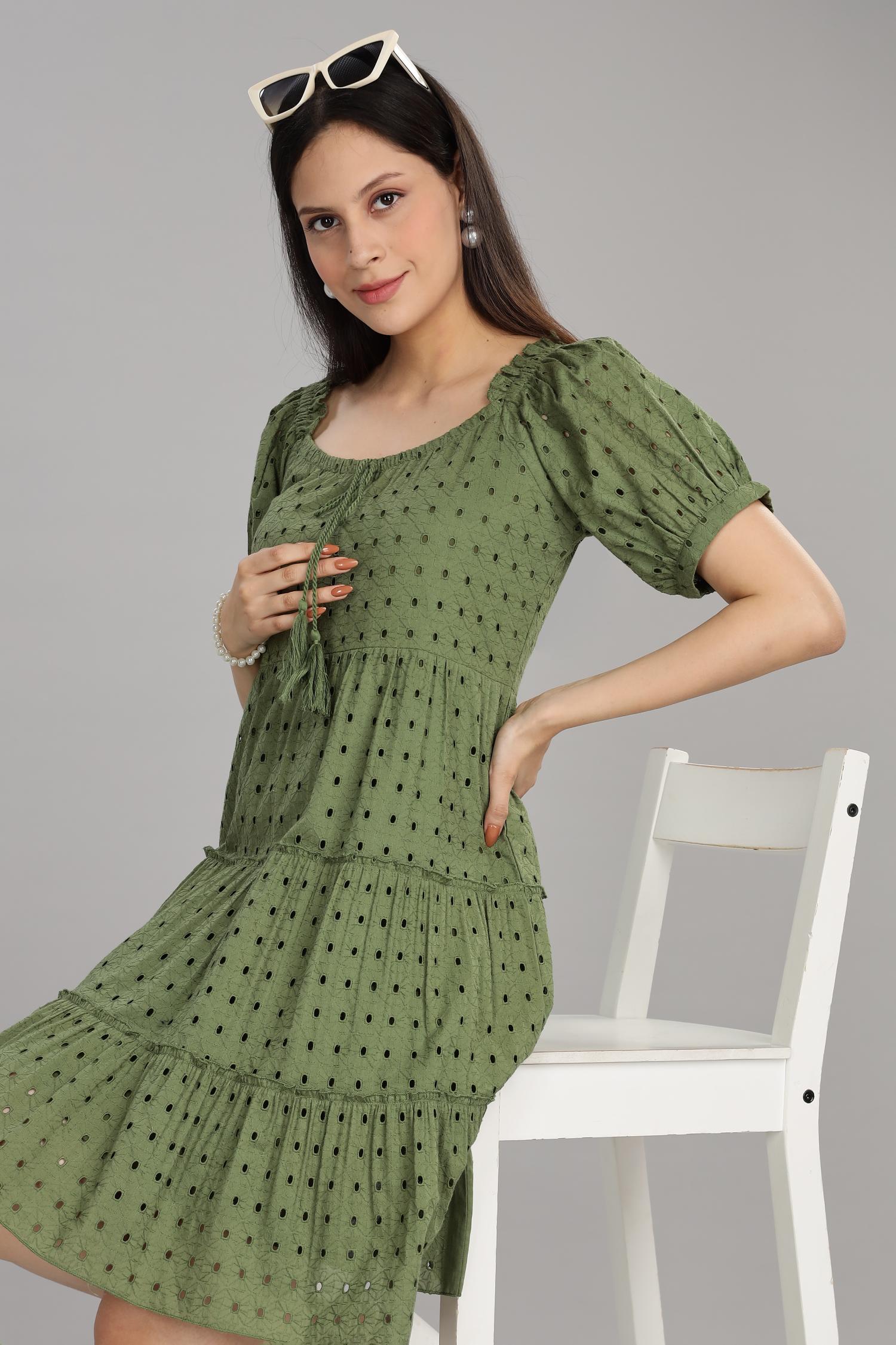 BulBul Women Green Cotton Schiffli Short Dress