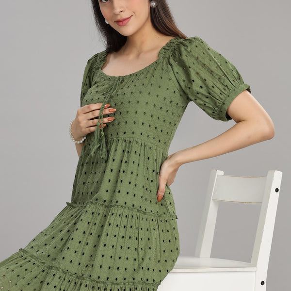 BulBul Women Green Cotton Schiffli Short Dress