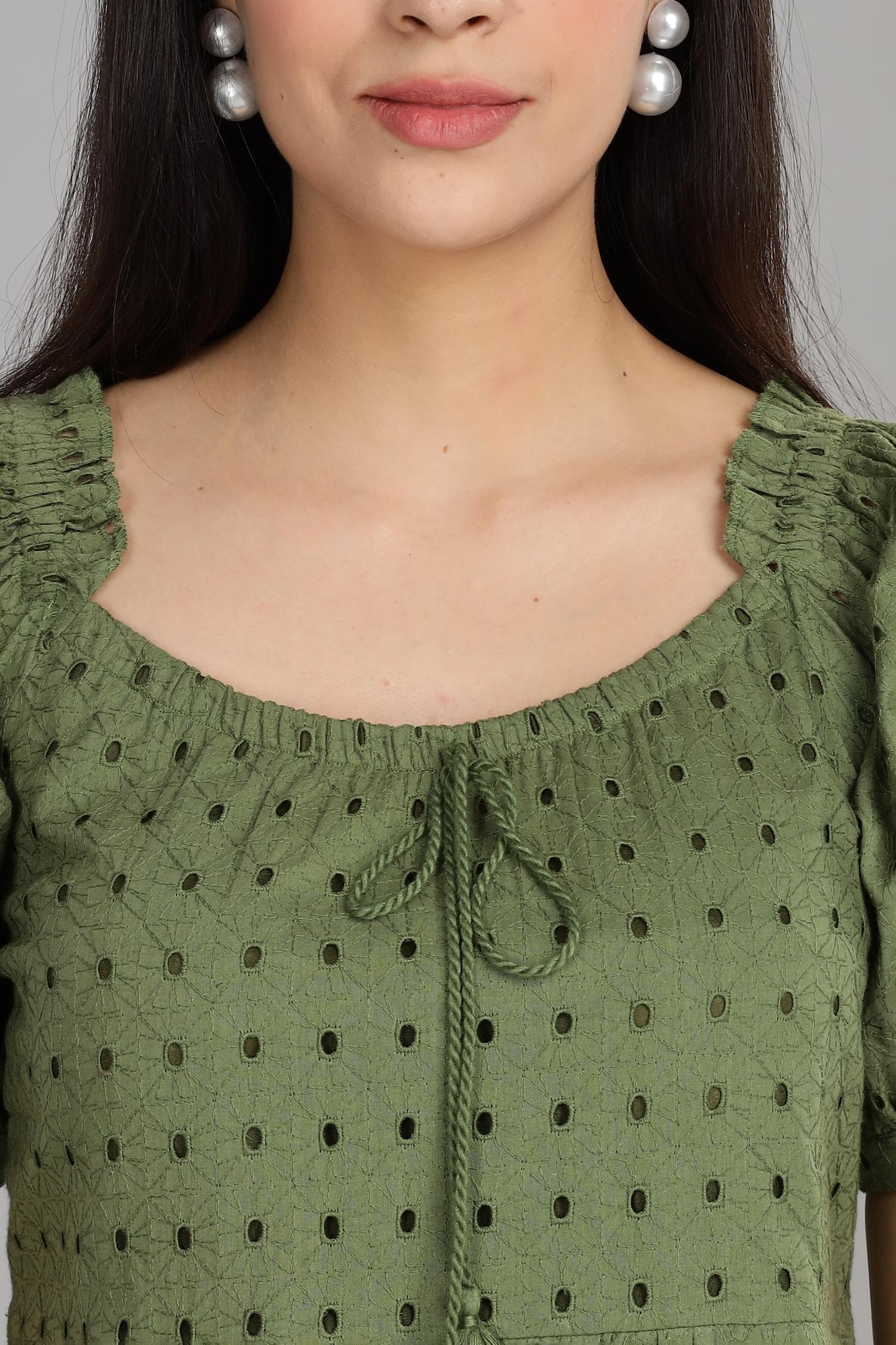 BulBul Women Green Cotton Schiffli Short Dress