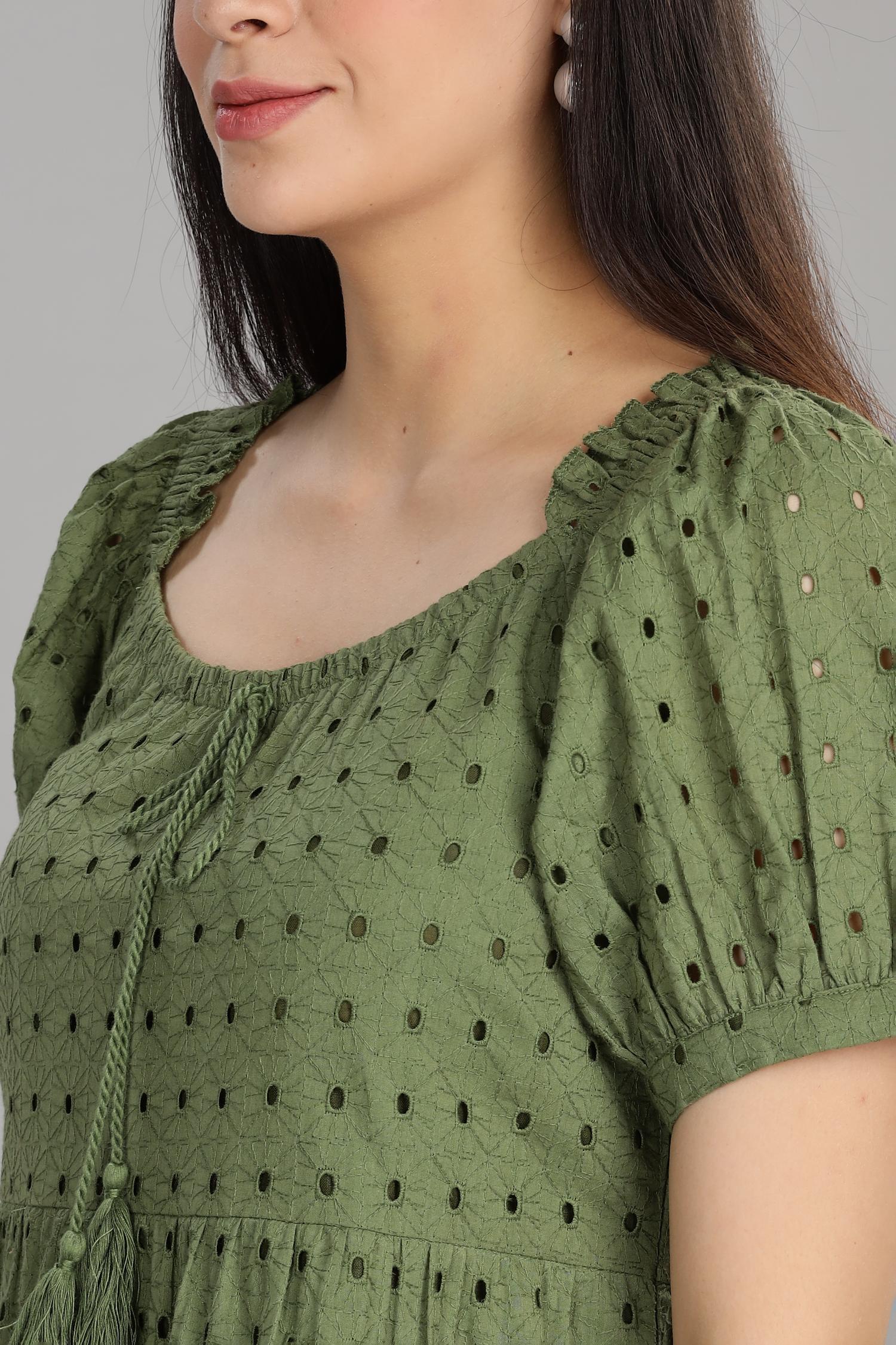 BulBul Women Green Cotton Schiffli Short Dress