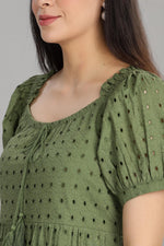 Thumbnail for BulBul Women Green Cotton Schiffli Short Dress
