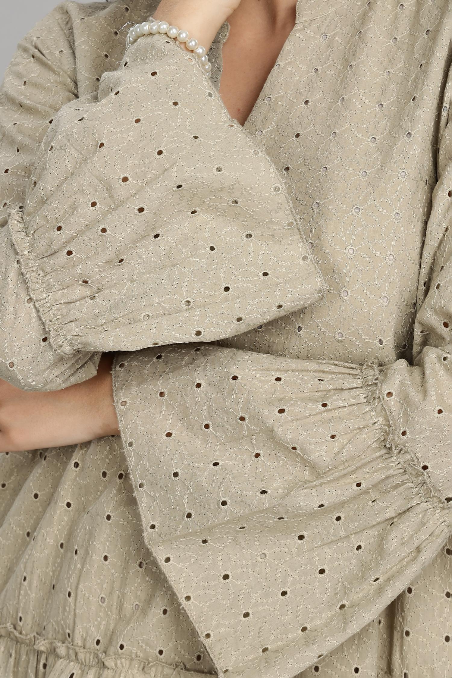 BulBul Women Beige Cotton Schiffli Solid Button Front Dress