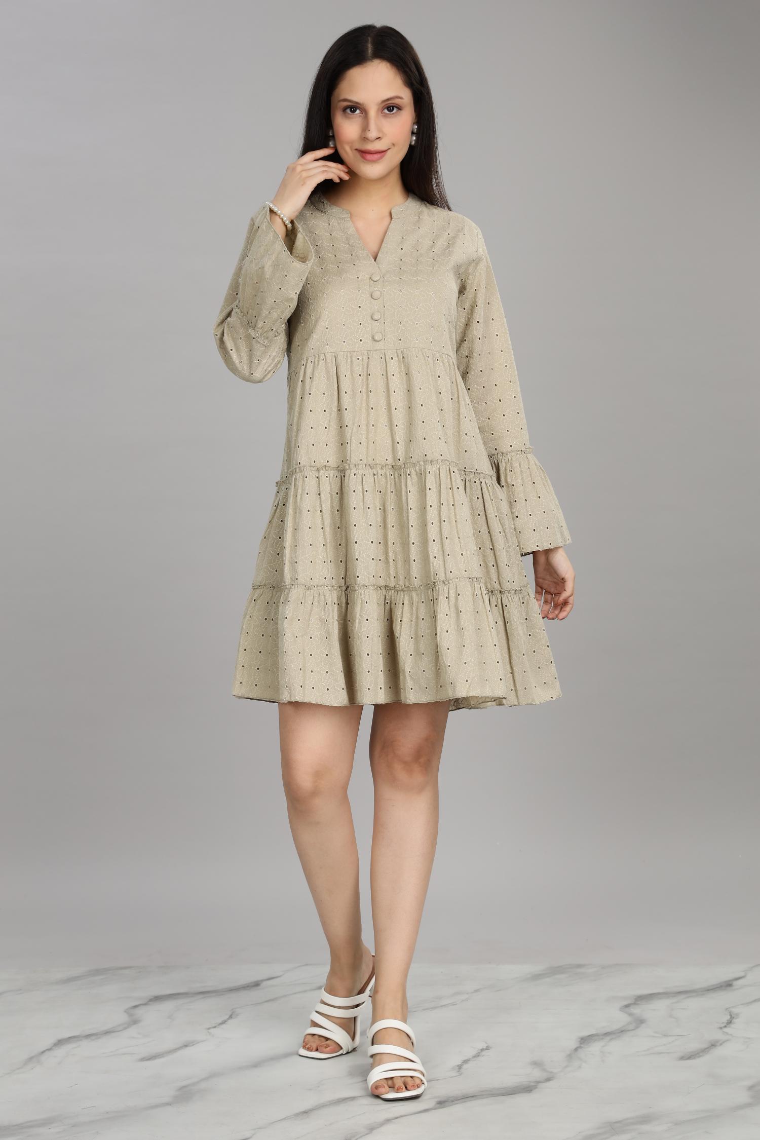 BulBul Women Beige Cotton Schiffli Solid Button Front Dress