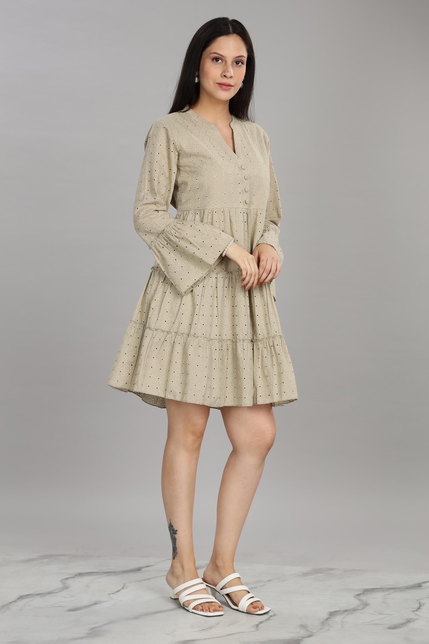 BulBul Women Beige Cotton Schiffli Solid Button Front Dress