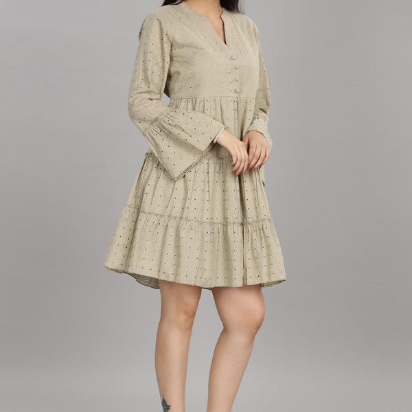 BulBul Women Beige Cotton Schiffli Solid Button Front Dress