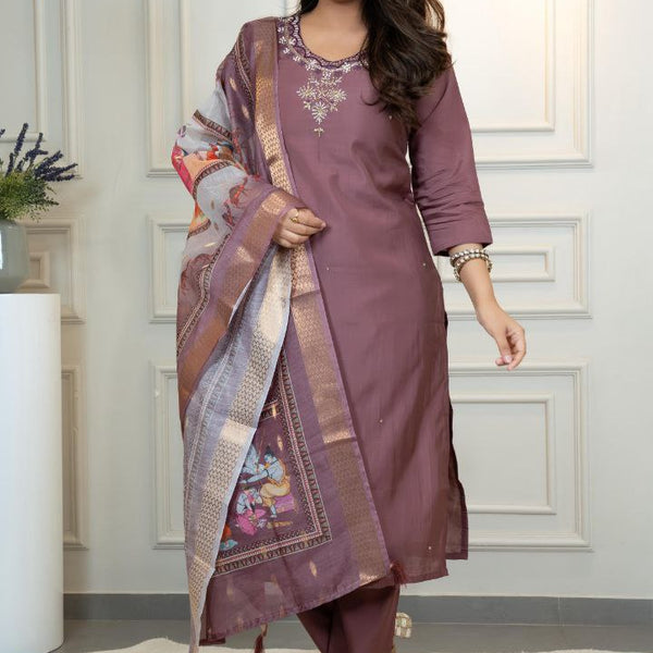 Lorenvalley Fashion Burgundy Roman Silk Hand Work Kurta Pant with Dupatta