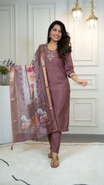 Thumbnail for Lorenvalley Fashion Burgundy Roman Silk Hand Work Kurta Pant with Dupatta