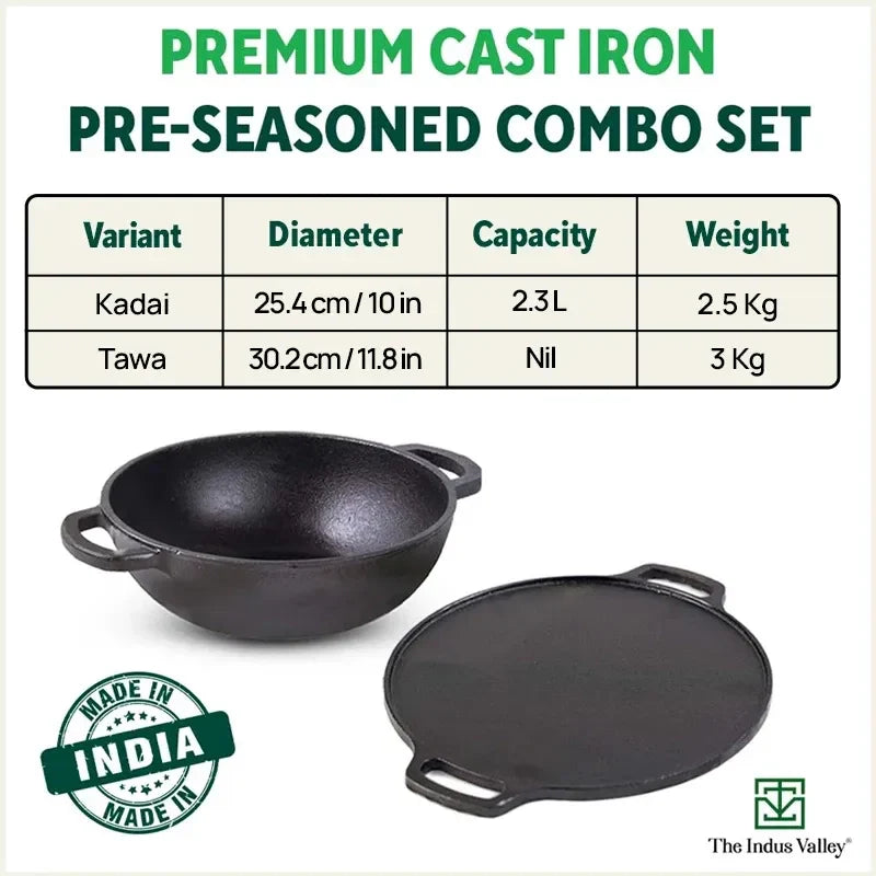 The Indus Valley CASTrong Cast Iron Cookware Set: Tawa+ Kadai, Kitchen Set for Home, Pre-seasoned, 100% Pure, Toxin-free, Induction, Tadka Pan