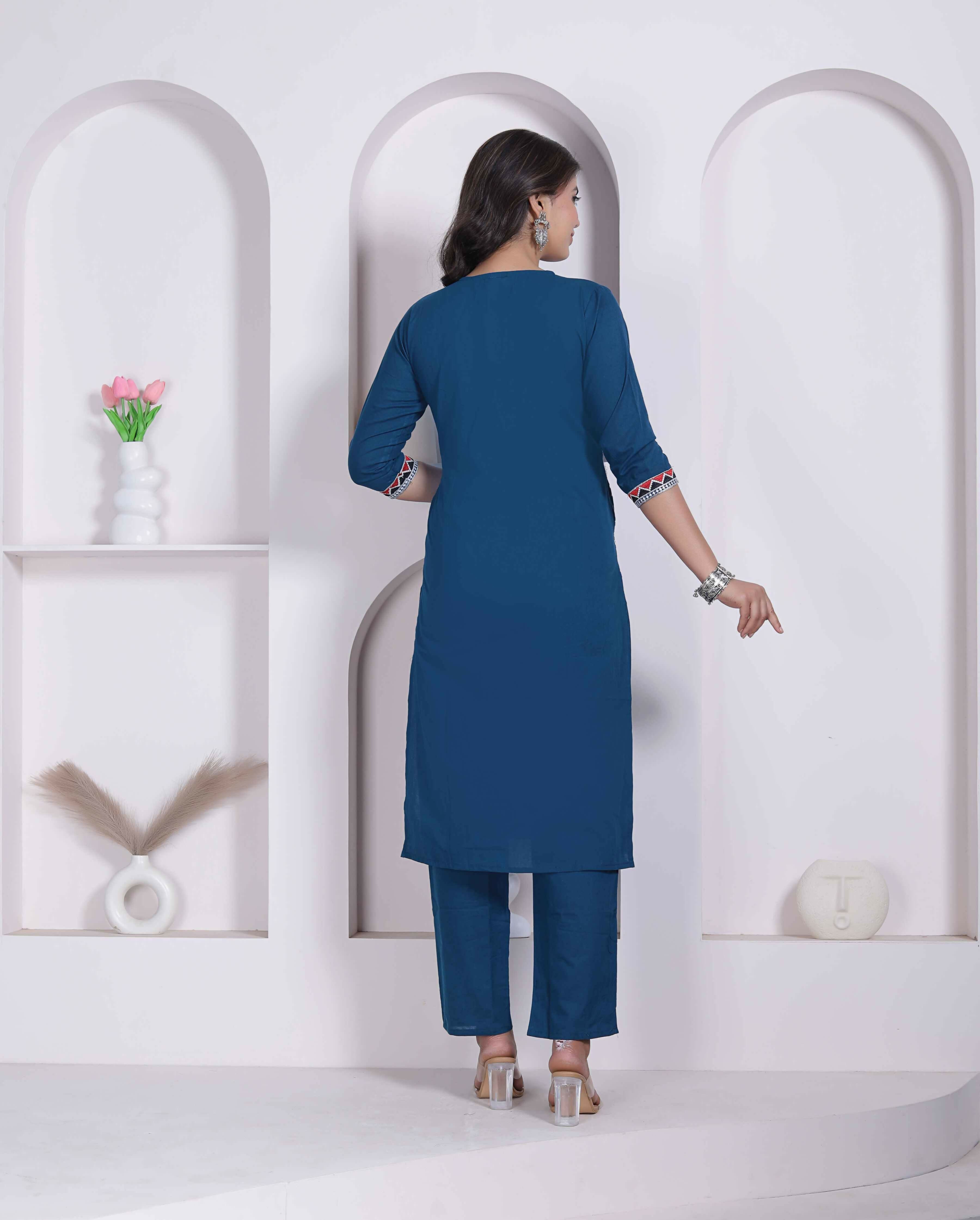 Miravan Womens Blue Straight Kurta With Palazzo Set - Dista