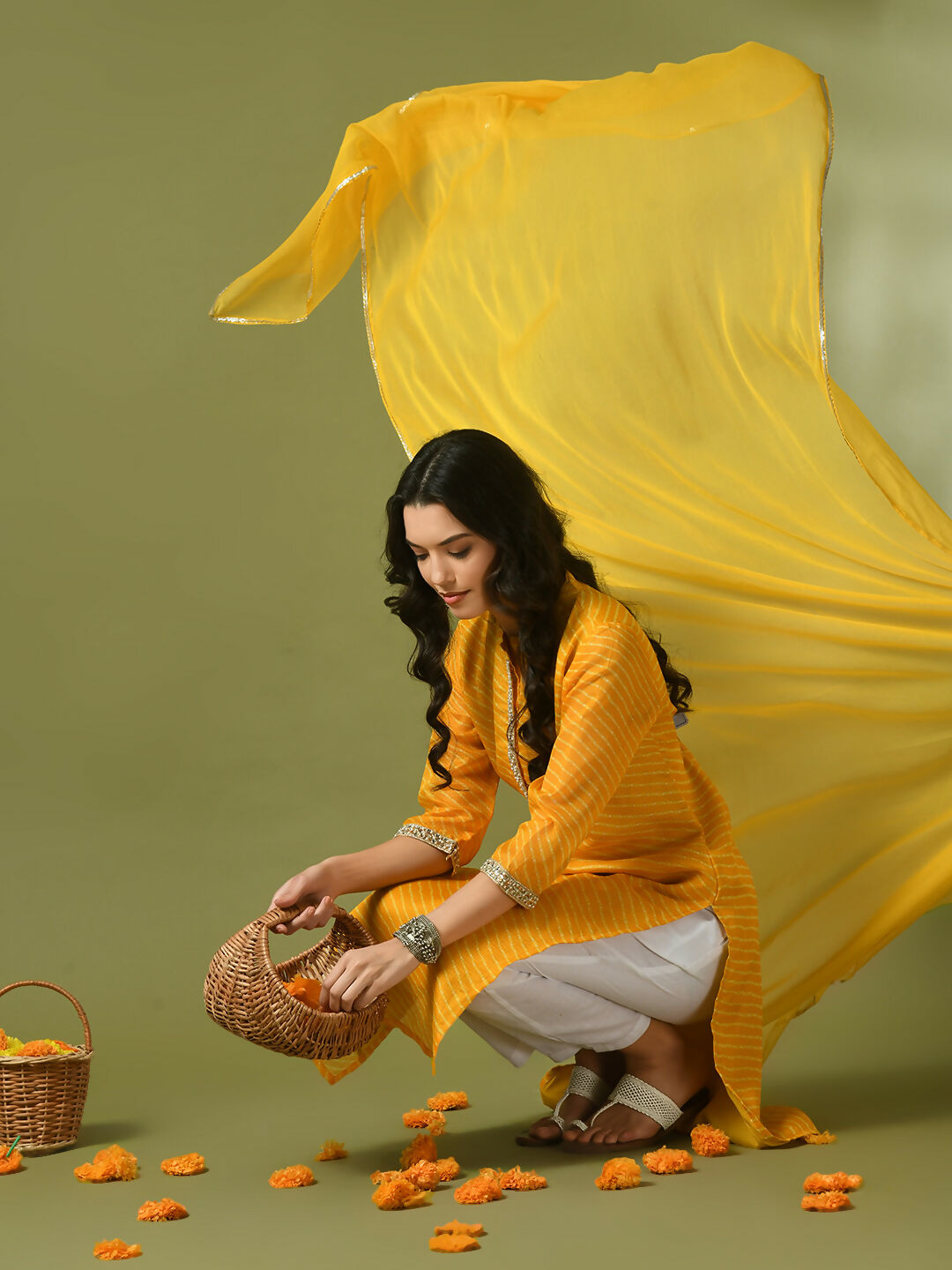 Myshka Women's Yellow Printed Kota Straight Party Kurta Set With Dupatta - Distacart