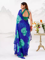 Thumbnail for Vastranavya Royal Blue Floral Print with Lace Border work Chiffon Saree & Unstitched Blouse - Distacart