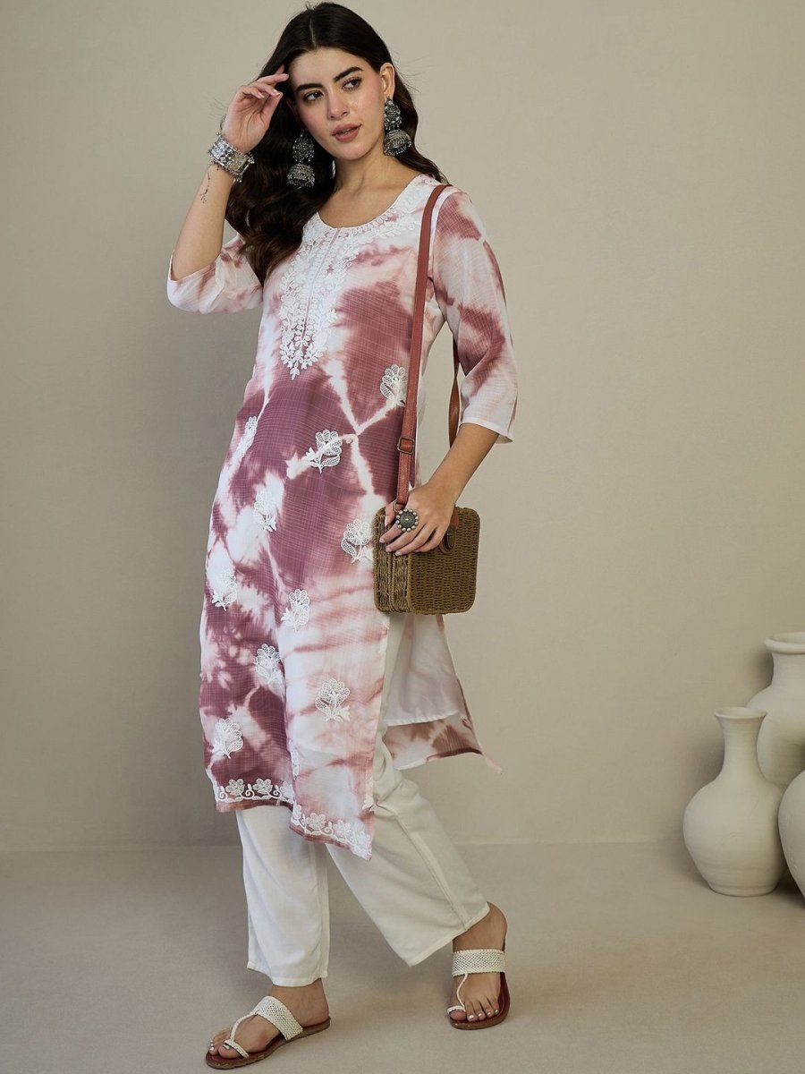 Anouk White & Purple Floral Embroidered Round Neck Straight Kurta - Distacart