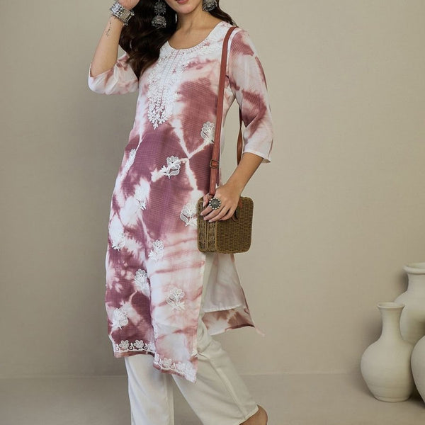 Anouk White & Purple Floral Embroidered Round Neck Straight Kurta - Distacart