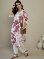 Thumbnail for Anouk White & Purple Floral Embroidered Round Neck Straight Kurta - Distacart