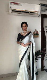 Thumbnail for Malishka Satin Silk Lace Boarder Ready To Wear Saree With Blouse Piece - White - Distacart